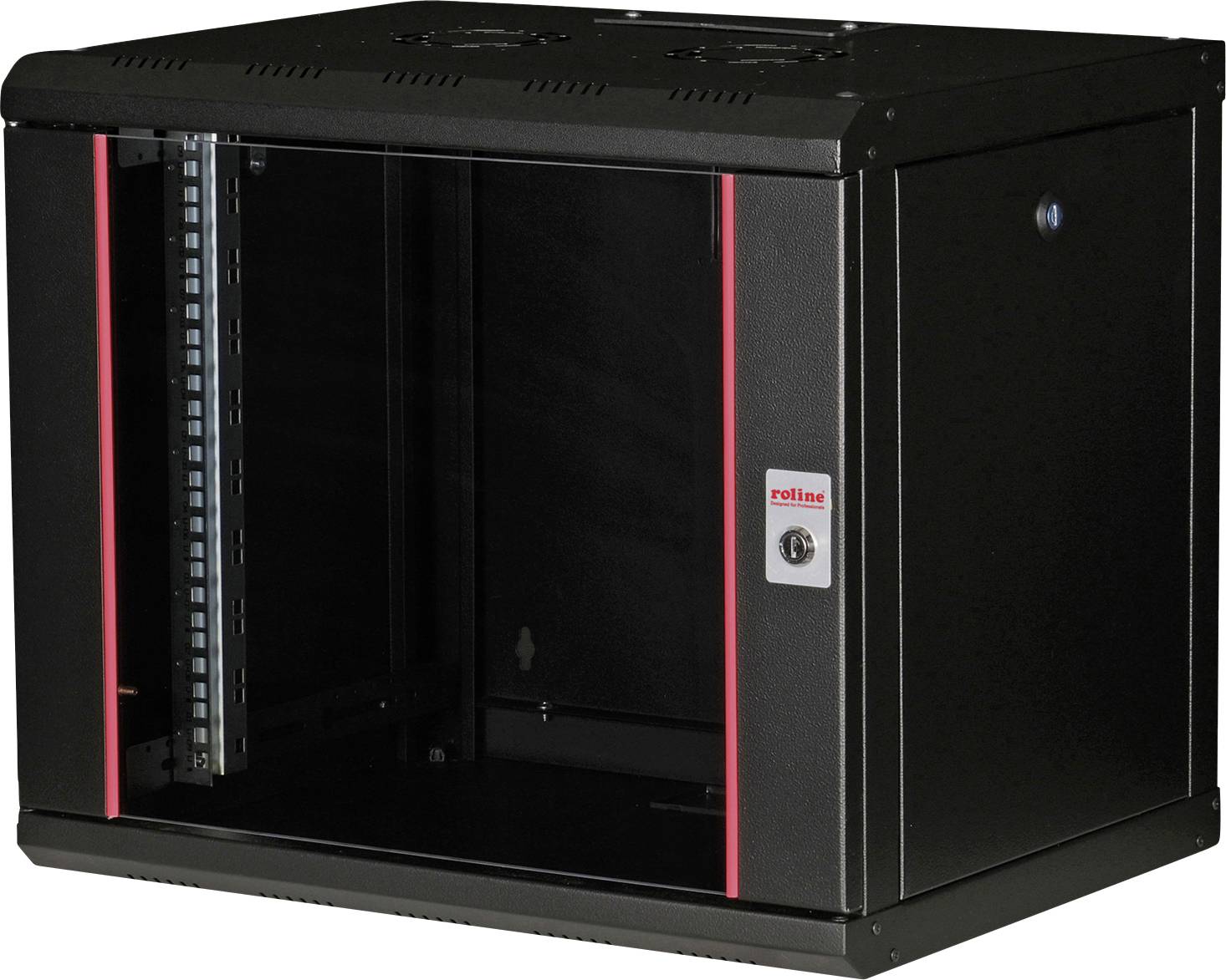 Schwarzer Wandnetzwerkschrank mit Glastür, geeignet zur sicheren Aufbewahrung und Organisation von Netzwerkgeräten und Kabeln.