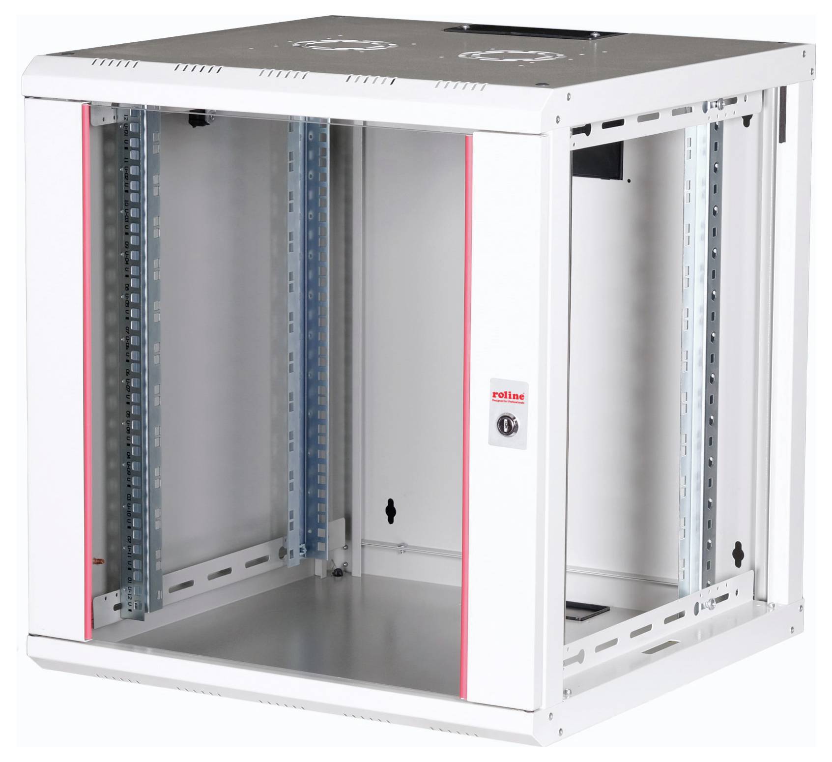 Ein weißer, wandmontierbarer Netzwerkschrank mit Glastür, Belüftungsöffnungen oben und geräumigem Inneren zur Aufnahme von IT-Ausrüstung.