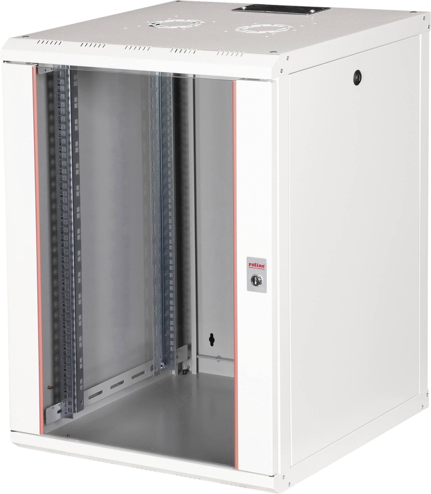 Weißer Server-Rack-Schrank mit Glastür und Belüftungsöffnungen oben, geeignet für Netzwerkgeräte in Büroumgebungen.