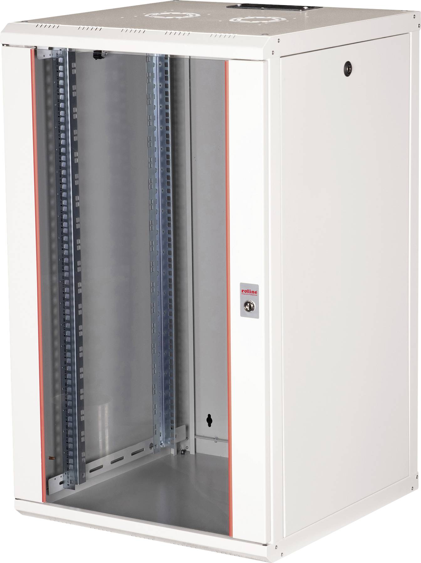 Weißes, leeres Server-Rack-Gehäuse mit Glastür, geeignet für die Installation von Netzwerk- und IT-Ausrüstung in Rechenzentren.