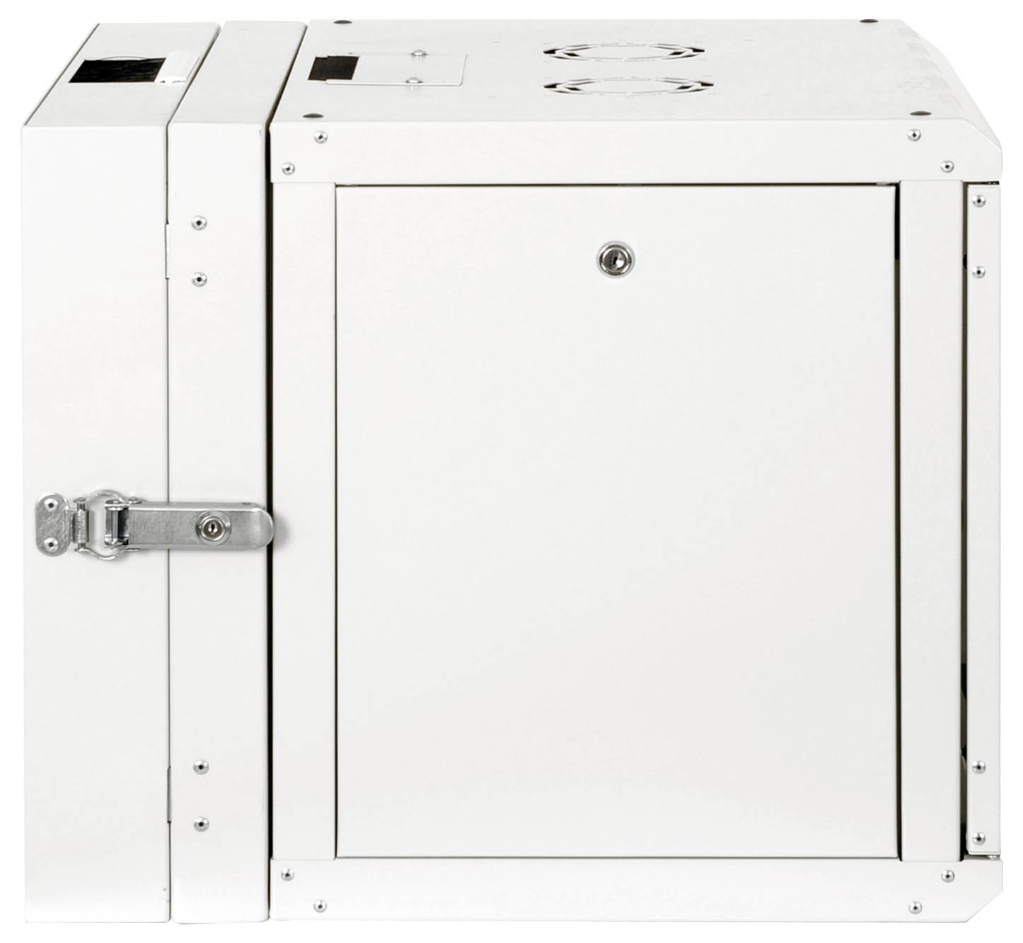 Ein weißer, kastenförmiger Metallschrank mit einem Verschluss auf der linken Seite und Lüftungsventilatoren oben.