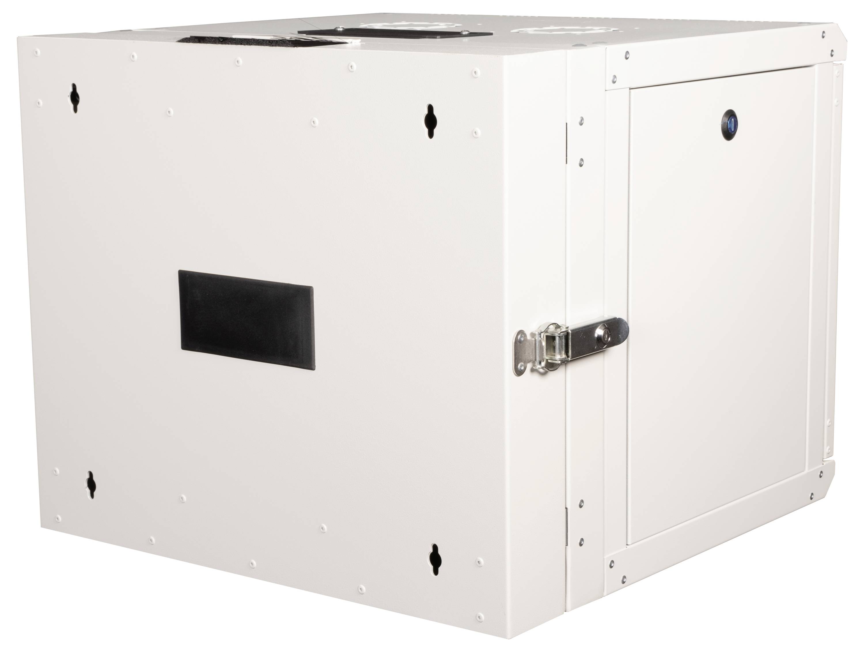 Ein weißer, rechteckiger Metallschrank mit einem sicheren Verschluss und Lüftungslöchern, möglicherweise zur Unterbringung von elektronischen Geräten.