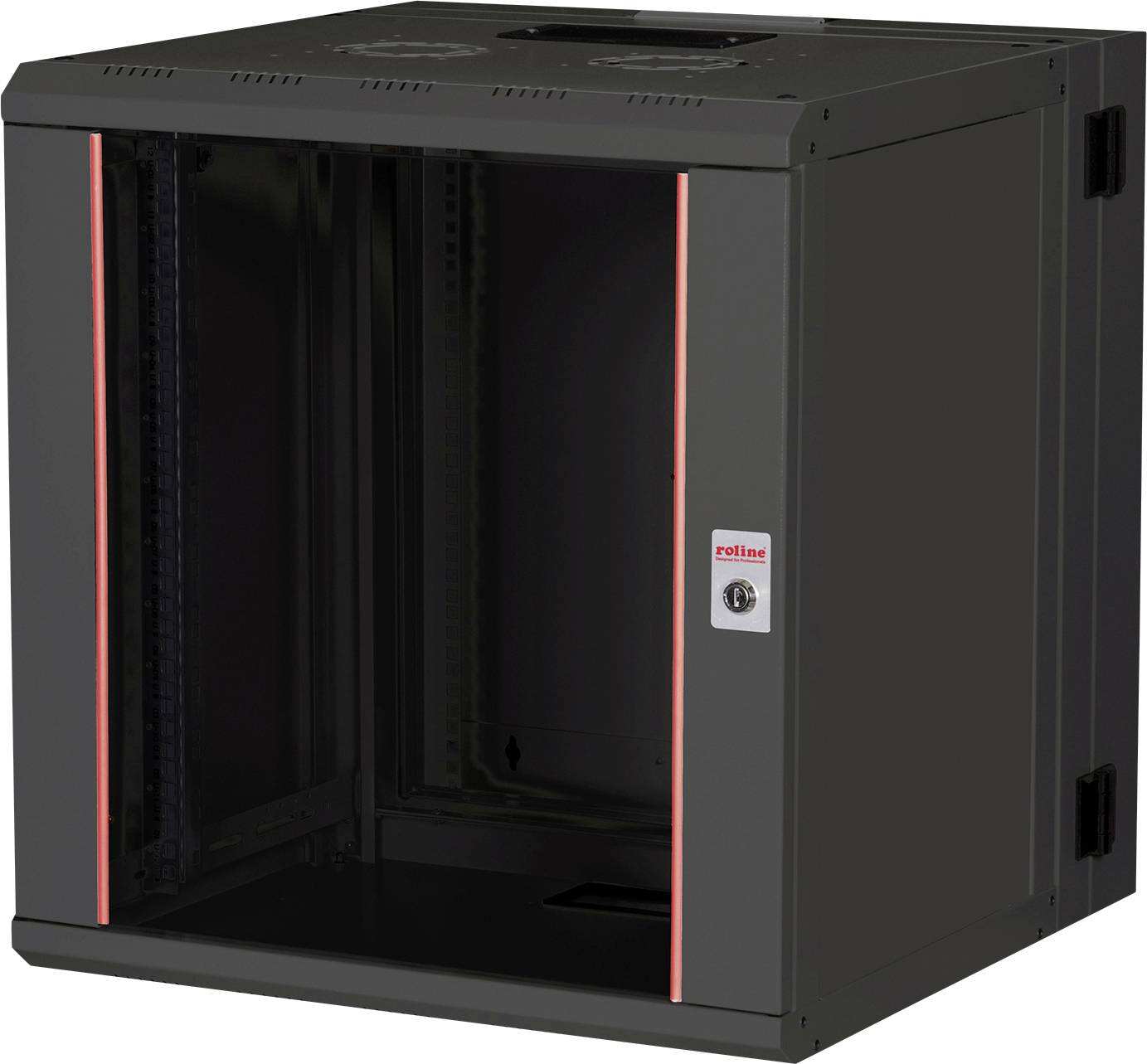 Ein schwarzes Server-Rack-Gehäuse mit Glastür, roten Akzenten und einem Schloss vorne, geeignet zur sicheren Aufbewahrung von Netzwerkgeräten.