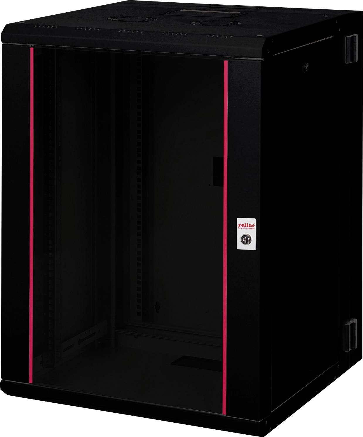 Schwarz-roter Serverschrank mit Glastür, geeignet zur Unterbringung von technischen Geräten in einem Serverraum oder Datencenter.