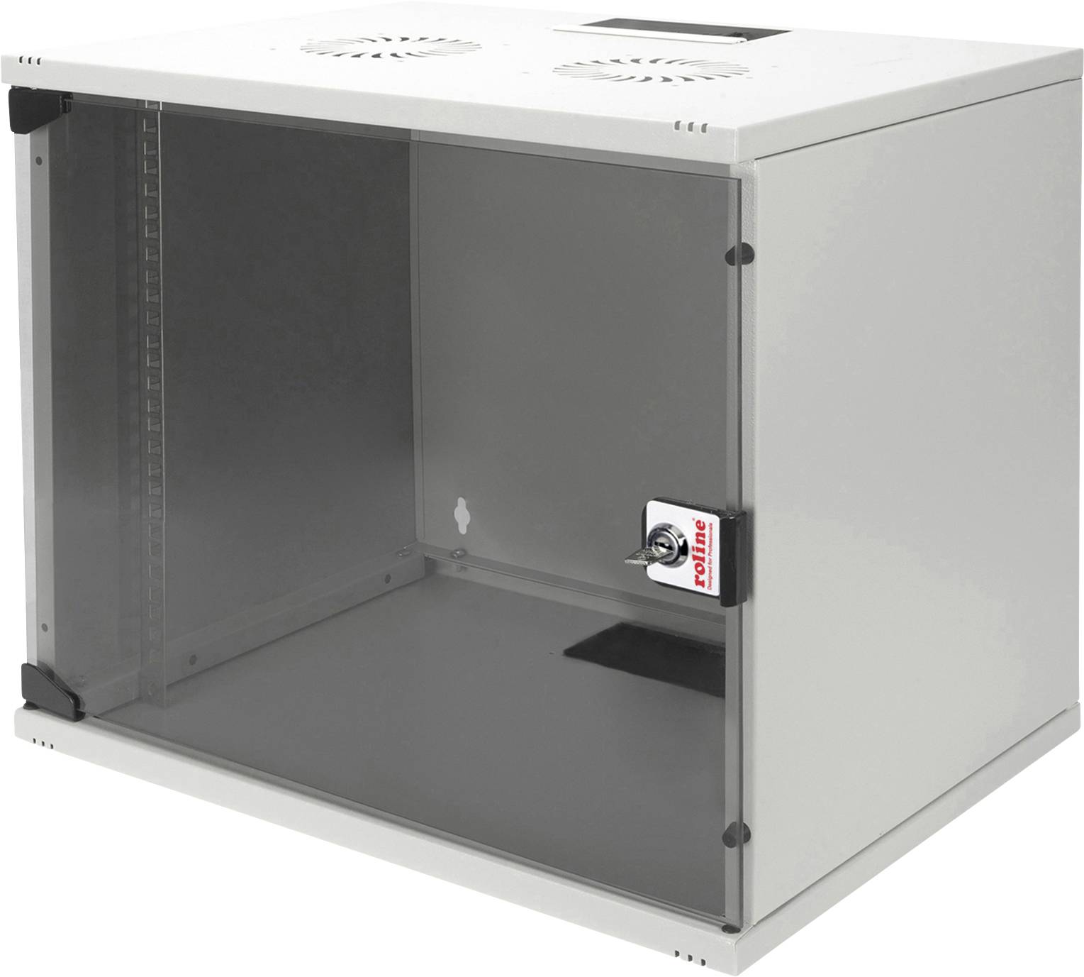 Metallischer Wandgehäuseschrank mit Glastür, Belüftungsöffnungen oben und Schloss an der Tür. Geeignet für Netzwerkinstallationen.