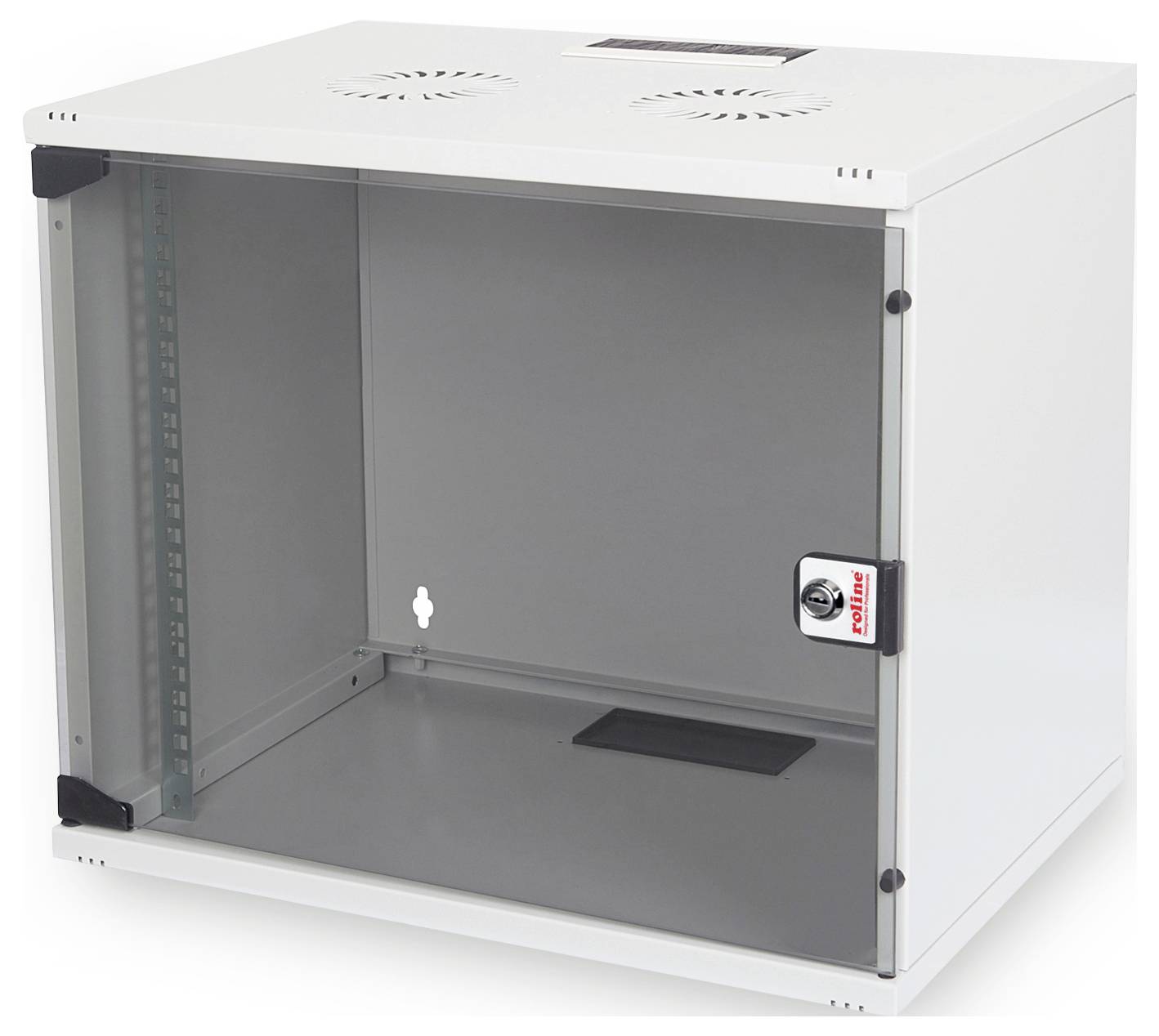 Ein weißer, leerer Wandschrank aus Metall mit Glastür, geeignet zur sicheren Aufbewahrung von Netzwerktechnologie und elektronischer Ausrüstung.