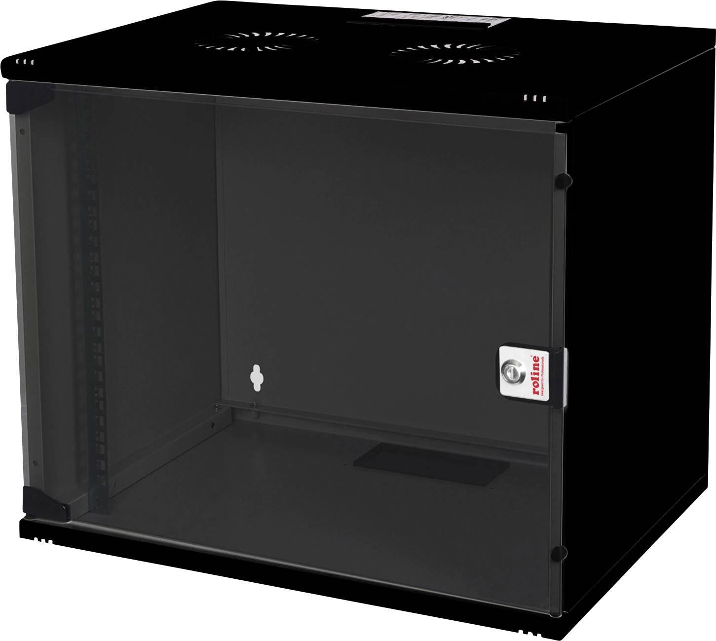Schwarzes, wandmontiertes Serverrack mit transparenter Frontscheibe, geeignet für die Organisation und Sicherung von Netzwerkausrüstung in Büros oder Rechenzentren.