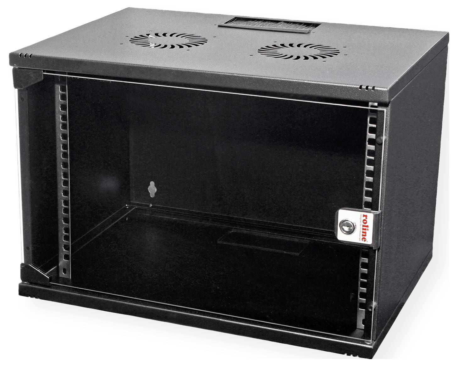 Ein schwarzes, wandmontiertes Servergestell mit einer Glastür, Schloss und Lüftungsventilatoren oben, entwickelt für die Aufbewahrung kleiner Netzwerkausrüstung.