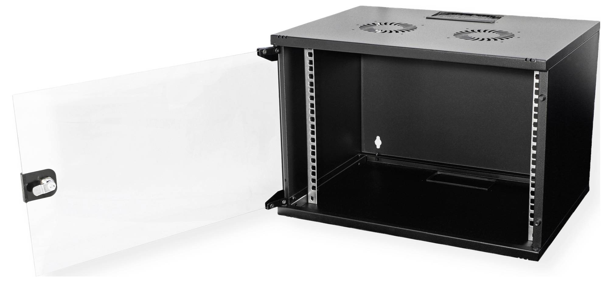 Offener schwarzer Serverrack mit einer transparenten Glastür, der eine belüftete obere Abdeckung und verstellbare Montage-Schienen im Inneren zeigt.