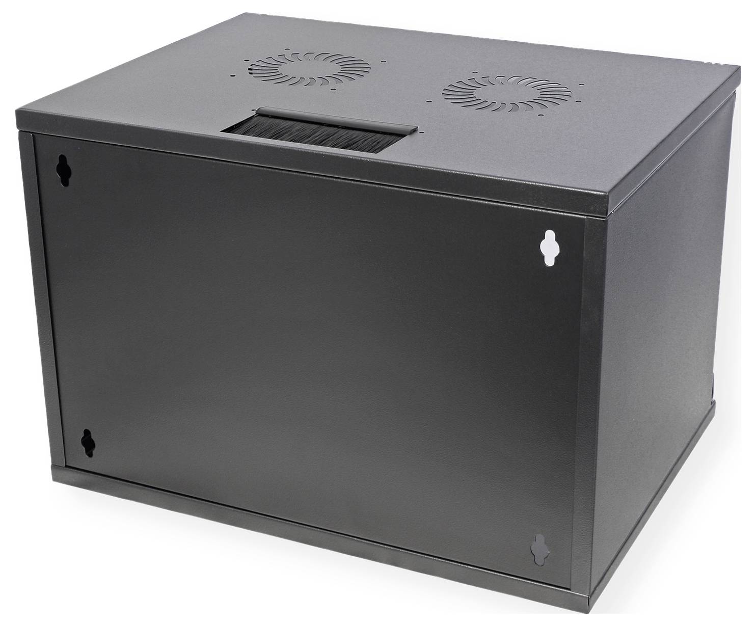 Ein schwarzer Serverrack mit Lüftungslöchern auf der Oberseite und Befestigungspunkten an den Seiten.