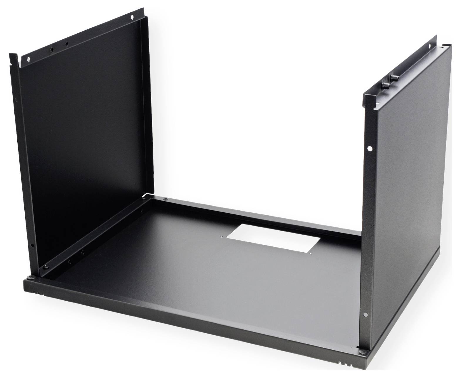 Ein schwarzer, offener Metallrahmen für ein Rack-Gehäuse mit drei sichtbaren Seiten und einer Basis. Das Design ist schlicht und funktional.