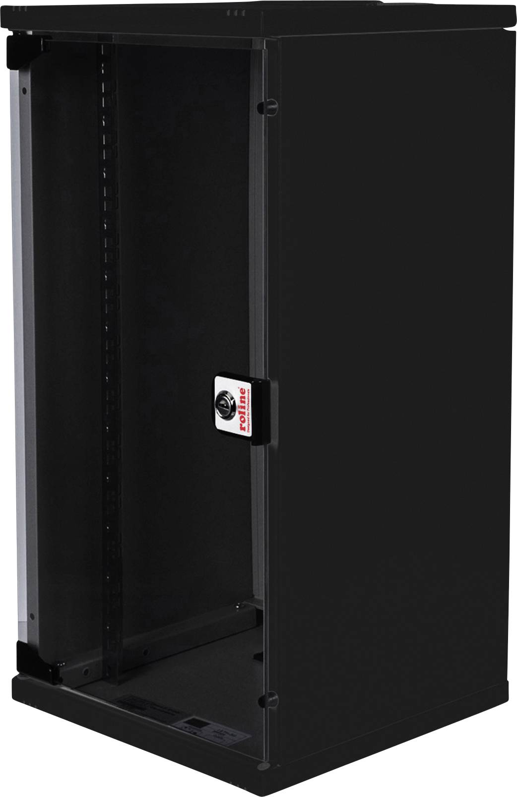 Schwarzes, stehendes Server-Rack mit einer Glastür, geeignet zur Unterbringung von IT-Equipment. Tür ist teilweise geöffnet.