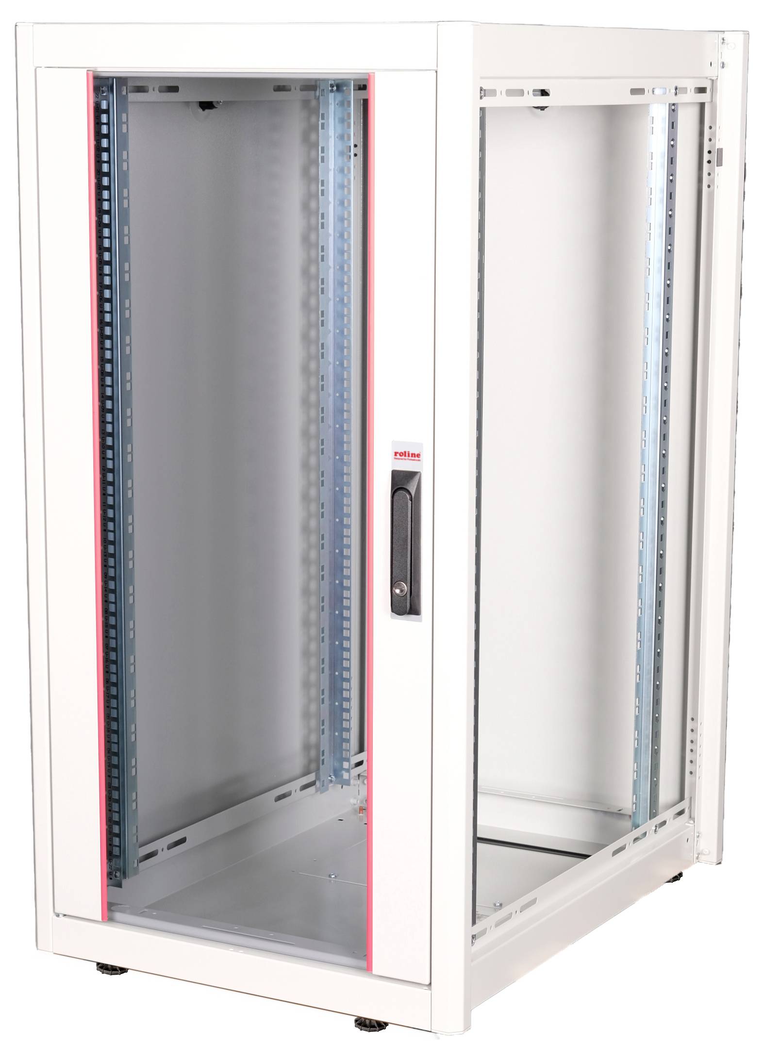 Ein leeres, weißes Server-Rack mit Glastür und schwarzem Griff, geeignet für die Installation von Netzwerkgeräten in einem Rechenzentrum.