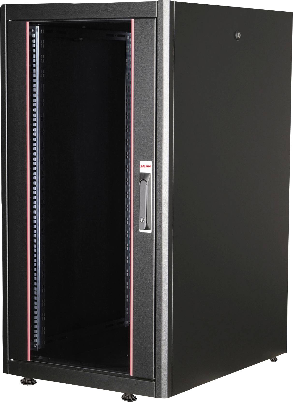 Ein schwarzer, leerer Serverrack-Schrank mit Glastür, geeignet für die Unterbringung von Computer- und Netzwerkausstattung.