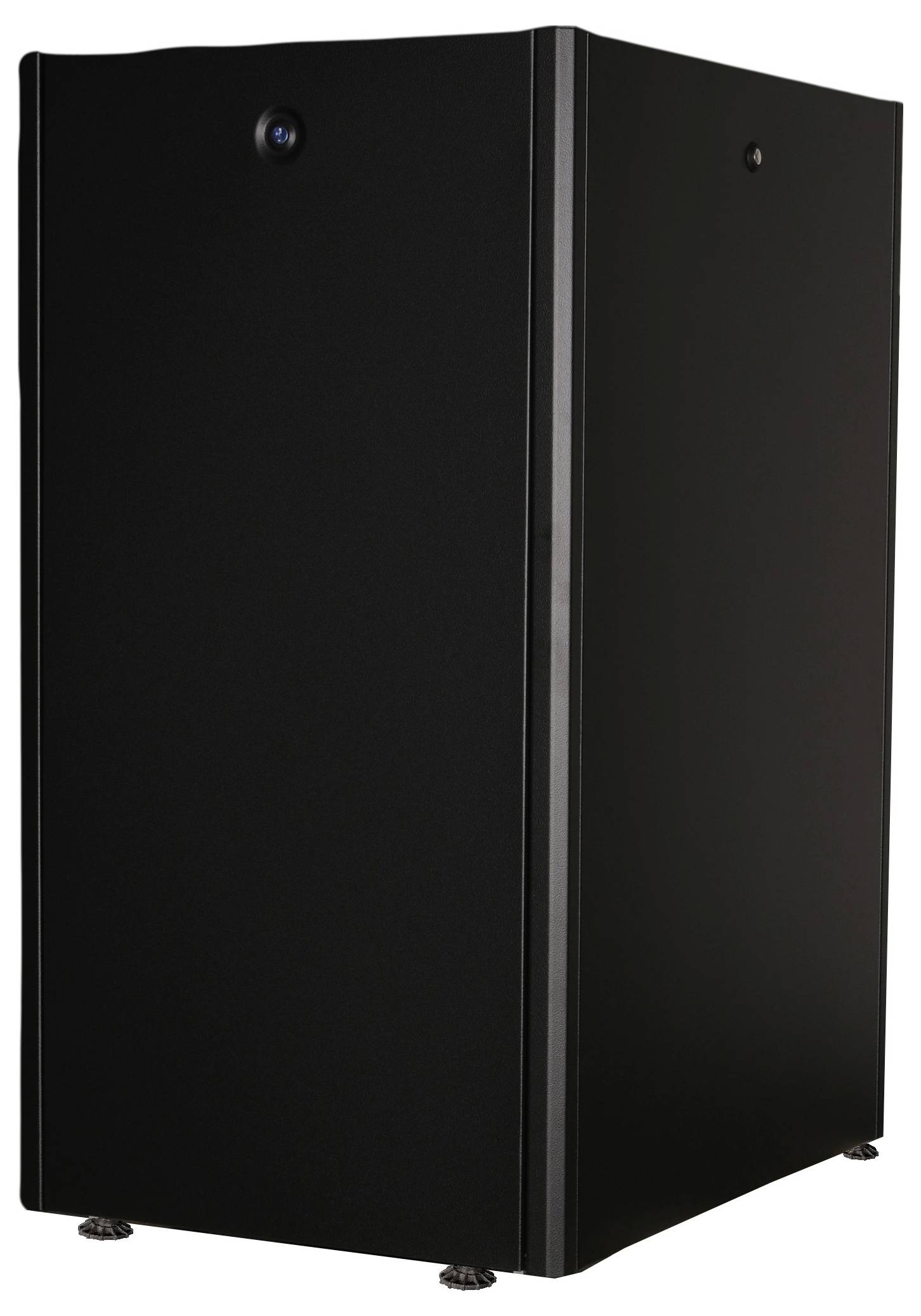 Schwarzer, rechteckiger Lautsprecher mit glatter Oberfläche und abgerundeten Ecken, auf vier kleinen, silbernen Füßen stehend.