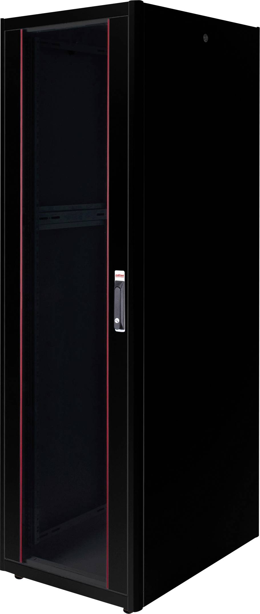 Schwarzer Server-Rack-Schrank mit rotem Akzent an den Türen, geeignet zur Unterbringung von IT-Ausrüstung in Rechenzentren oder Büros.