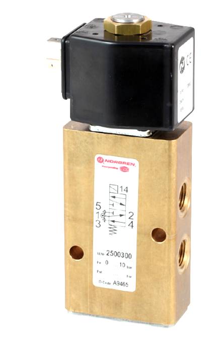 Elektroventil mit fünf Anschlüssen. Aufschrift 'Norgren', Modellnummer 2500300, maximaler Druck 10 bar.