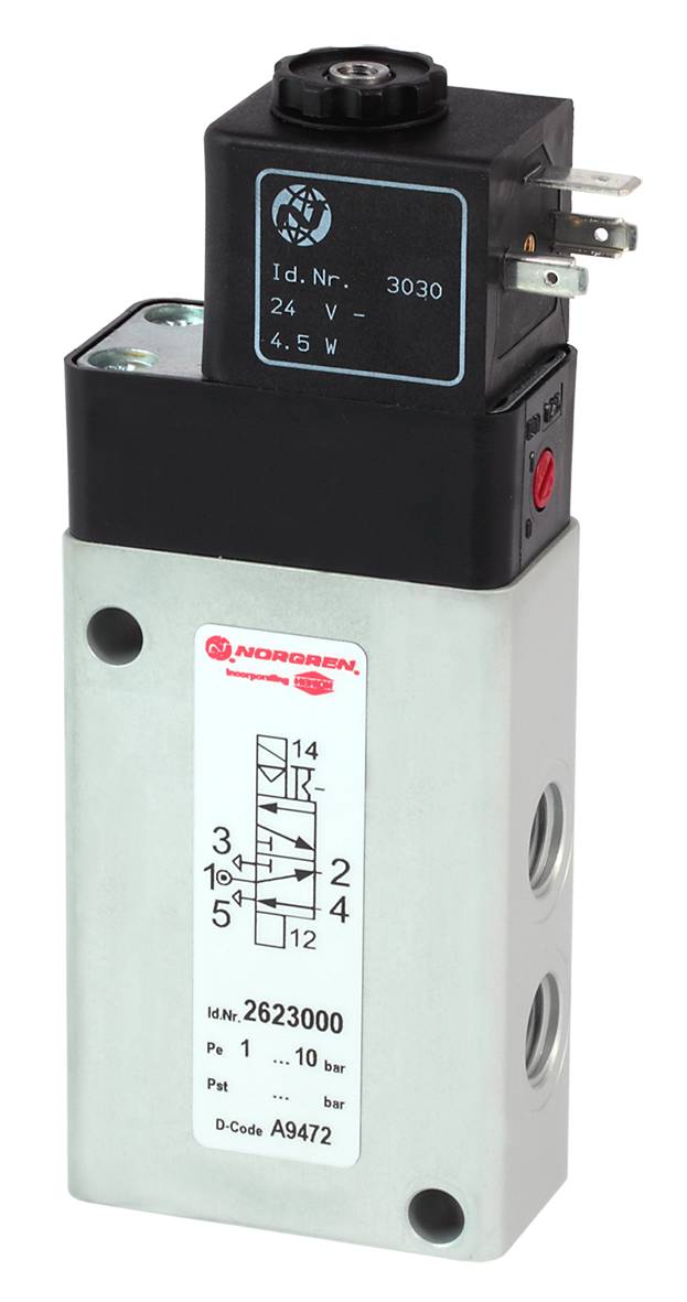 Ein elektromagnetisches Ventil von Norgren mit Diagramm zur Ventilfunktion. Spannung: 24V, Leistung: 4,5W. Rotes Licht zeigt Status an.