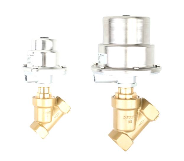Zwei leicht unterschiedliche Winkelventile aus Messing mit silberfarbenem Gehäuseaufsatz, dargestellt vor einem weißen Hintergrund.