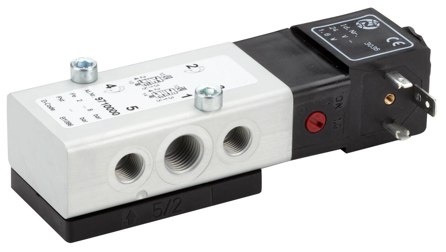 Elektropneumatisches Ventil mit drei Anschlussöffnungen und elektrischer Steuerung, geeignet für industrielle Anwendungen.