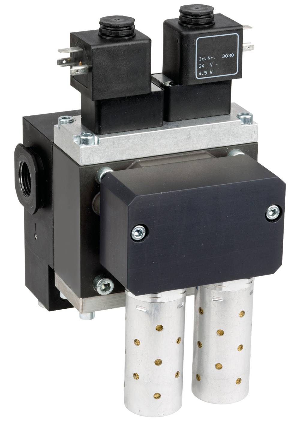 Ein elektrisches Ventil mit zwei Spulen, montiert auf einem rechteckigen Gehäuse mit zwei Metallzylindern unten, verwendet für Flüssigkeitskontrolle.