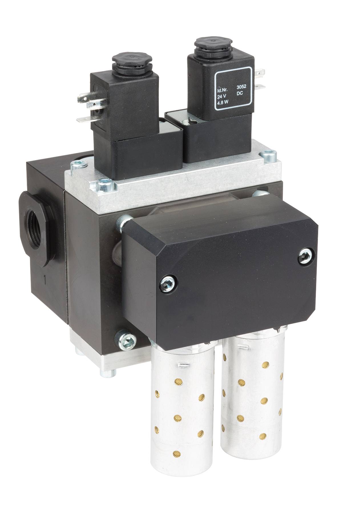 Ein elektrisches Magnetventil mit zwei Spulen und zwei zylindrischen Ausgängen, verwendet in hydraulischen oder pneumatischen Systemen.