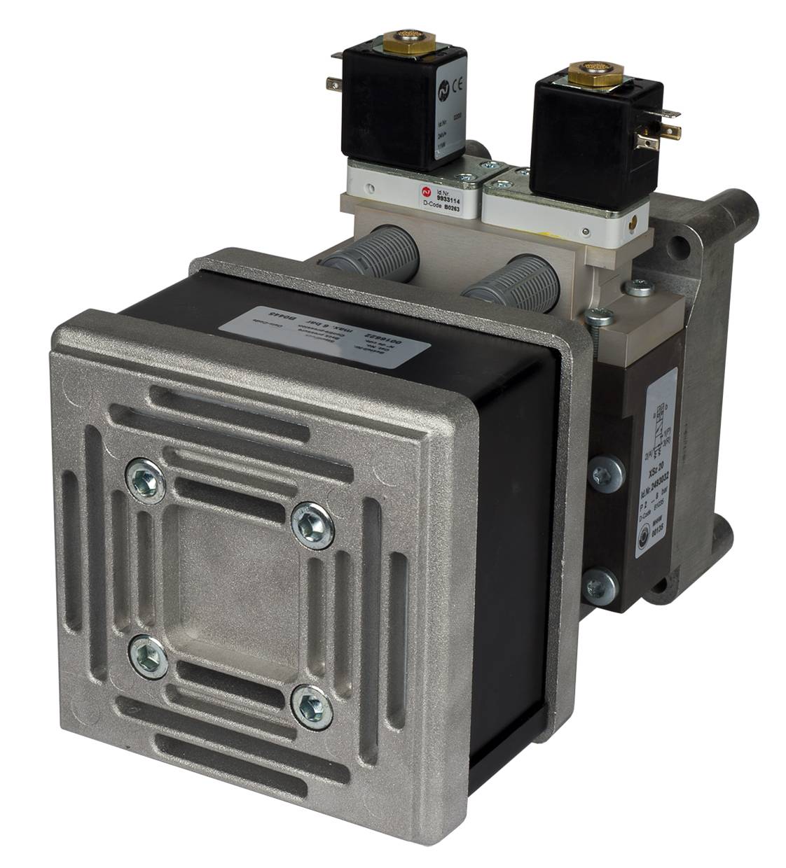 Ein industrieller Elektromagnet in Metallgehäuse mit zwei schwarzen Spulen auf der Oberseite, verwendet in technischen Anwendungen.