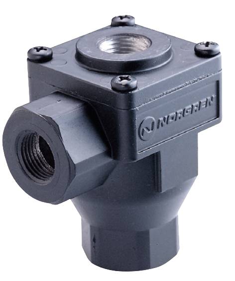 Ein schwarzes Industrie-Ventil mit quadratischem Kopf und seitlichem Anschluss, möglicherweise für hydraulische oder pneumatische Anwendungen.