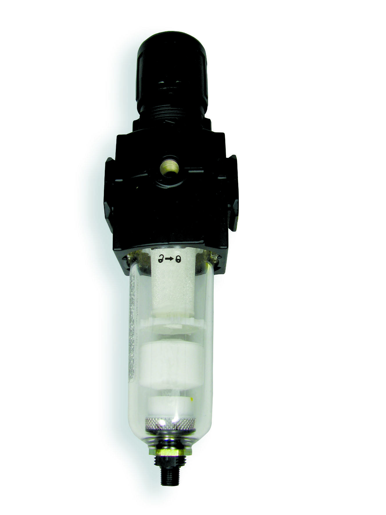 Druckluftfilter mit schwarzem einstellbaren Gehäuse und transparentem Behälter unten, verwendet zur Reinigung von Druckluft.