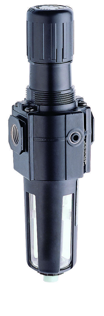 Ein schwarzer pneumatischer Filterregler, häufig in pneumatischen Systemen verwendet, zur Druckregulierung und Reinigung der Luft.