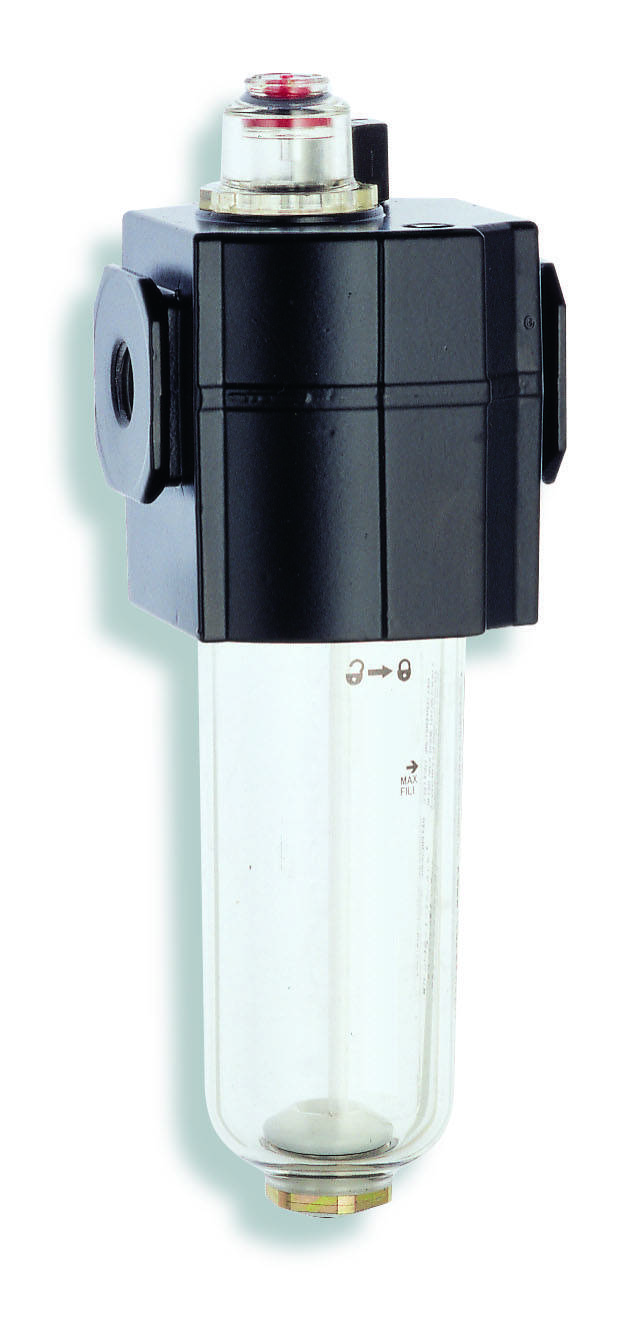 Industriefilter mit zylindrischem Glasgehäuse und schwarzem, rechteckigem Anschluss. Verwendet in pneumatischen Systemen zur Luftaufbereitung.