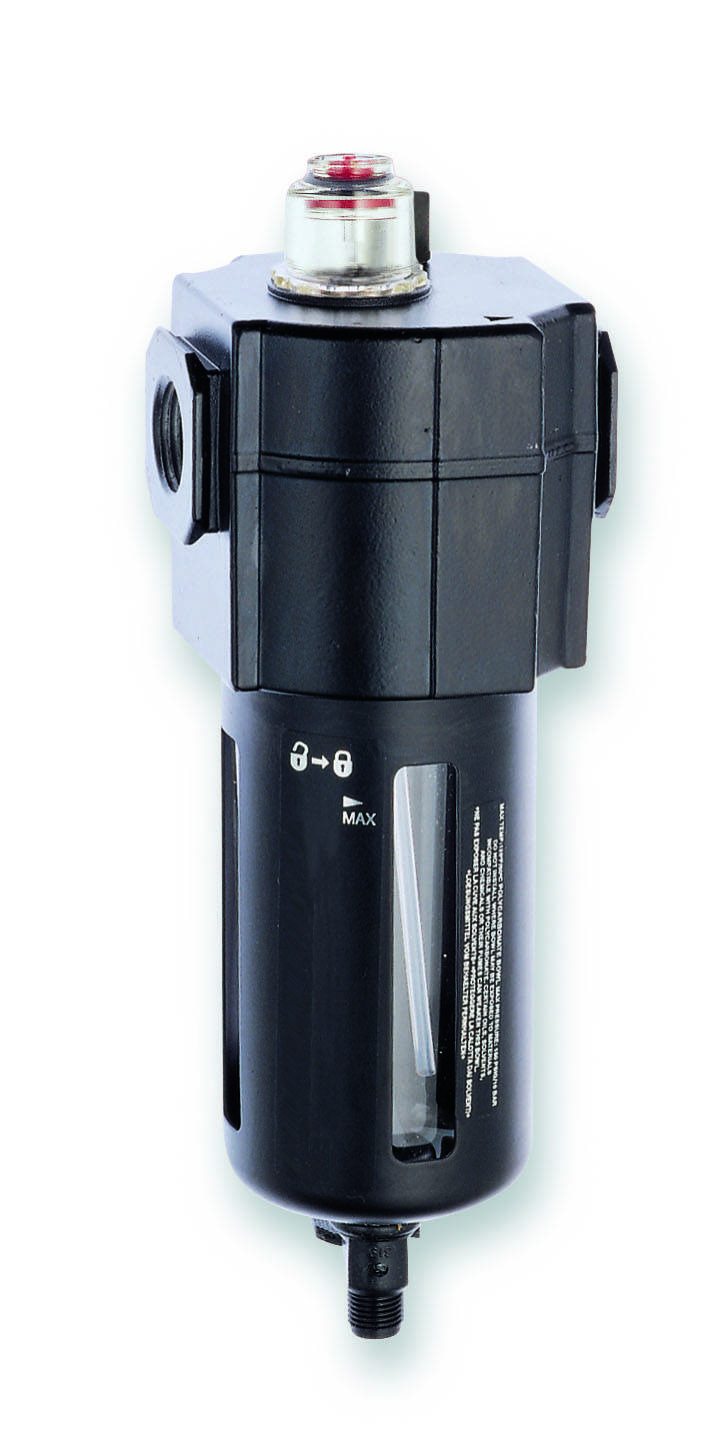 Ein schwarzer Druckluftfilter mit Maximalanzeige und Anschlüssen; dient zur Reinigung von Druckluft in industriellen Anwendungen.