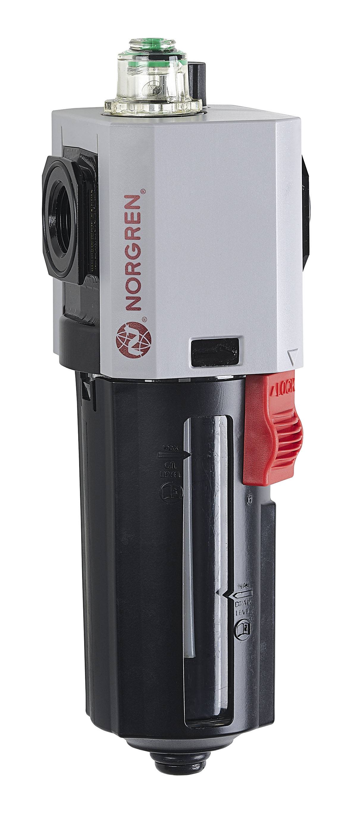 Druckluft Wartungseinheit von Norgren, bestehend aus einem Druckregler mit Manometer und Kondensatabscheider, vertikale Ausrichtung.