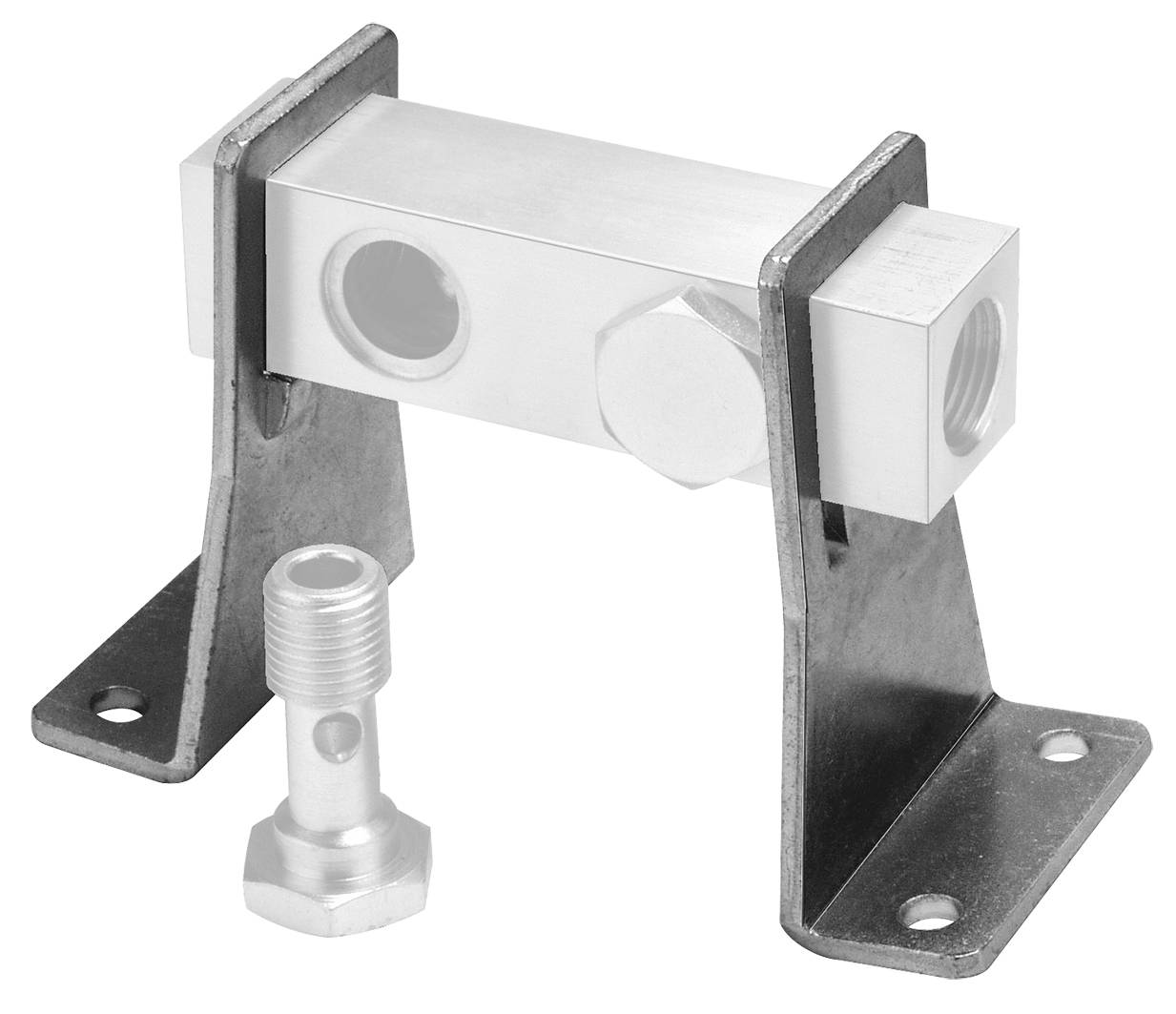 Metallische Montagehalterung mit Zylinder und Schraube, möglicherweise Teil eines technischen oder industriellen Systems.