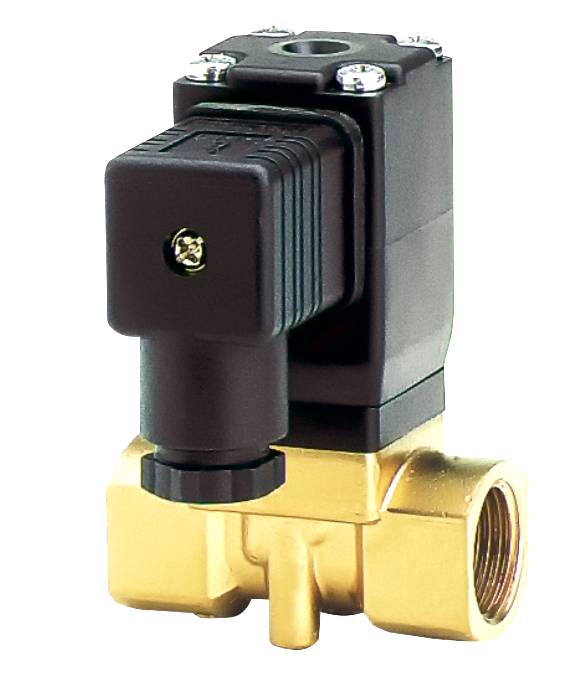 Messing-Magnetventil mit schwarzer elektrischer Spulenabdeckung, verwendet zur Steuerung des Flüssigkeits- oder Gasflusses.
