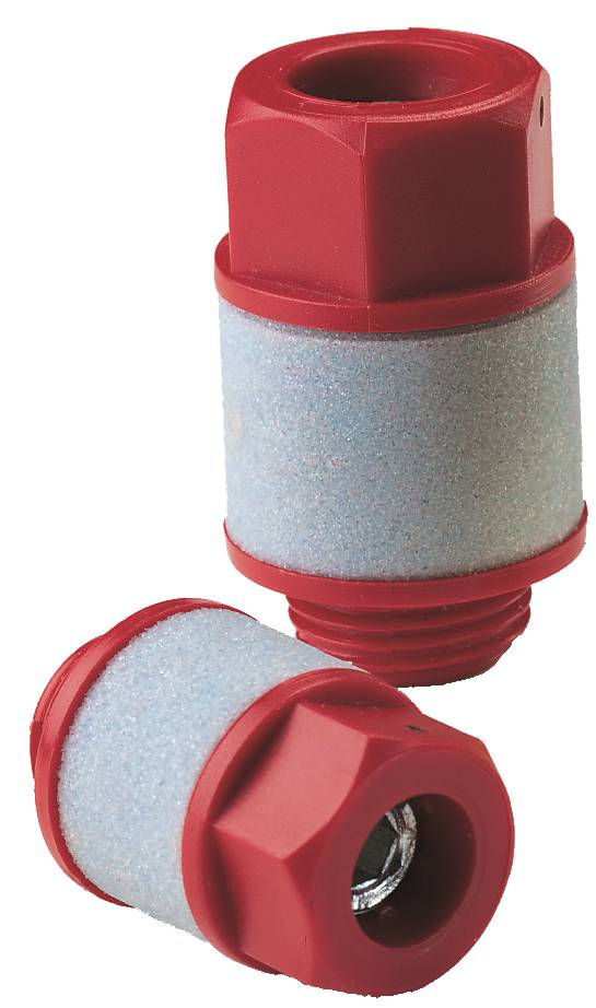 Roter Druckluftschalldämpfer mit zylindrischem, porösem Filter, zeigt obere und seitliche Ansicht. Verwendet zur Lärmminderung.