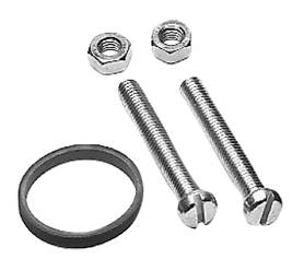 Zwei Schrauben, zwei Muttern und eine Dichtung aus Metall.