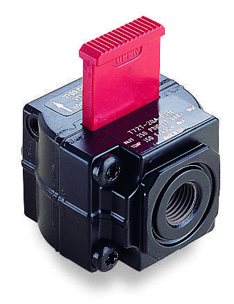 Ein schwarzes Ventil mit rotem Hebel, gekennzeichnet mit 'Pfeiffer Blass Medien' und technischen Spezifikationen.