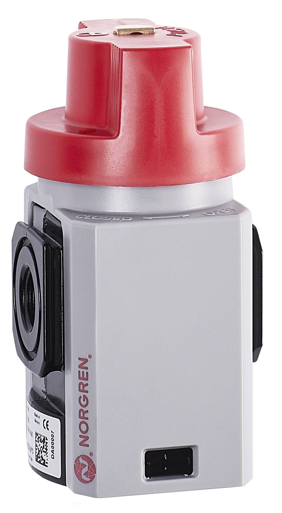 Ein roter und grauer pneumatischer Druckregler von Norgren mit Anschlüssen an den Seiten.