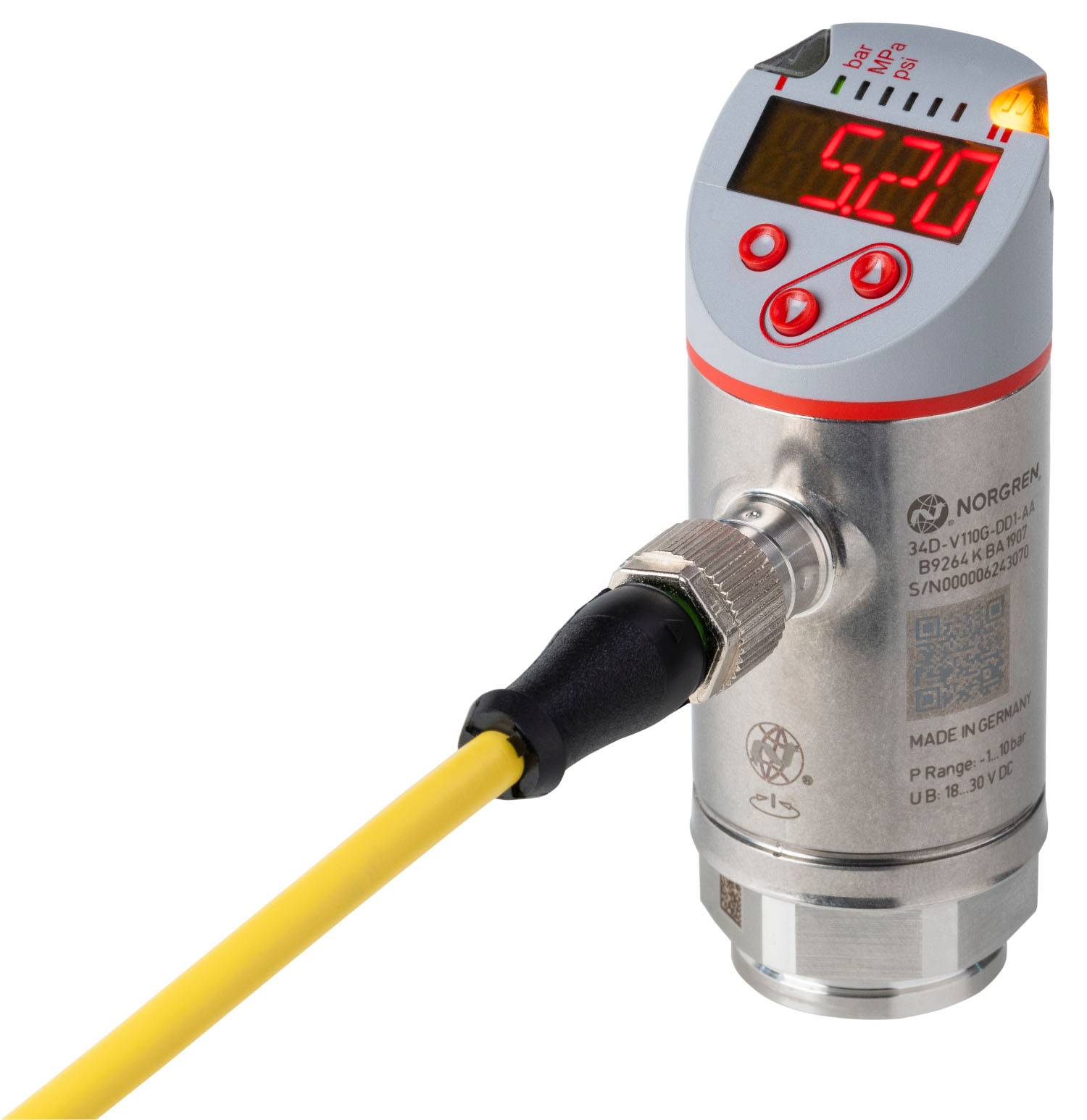 Ein Drucksensor mit digitaler Anzeige zeigt '520' an. Es gibt ein gelbes Kabel, das seitlich angeschlossen ist.