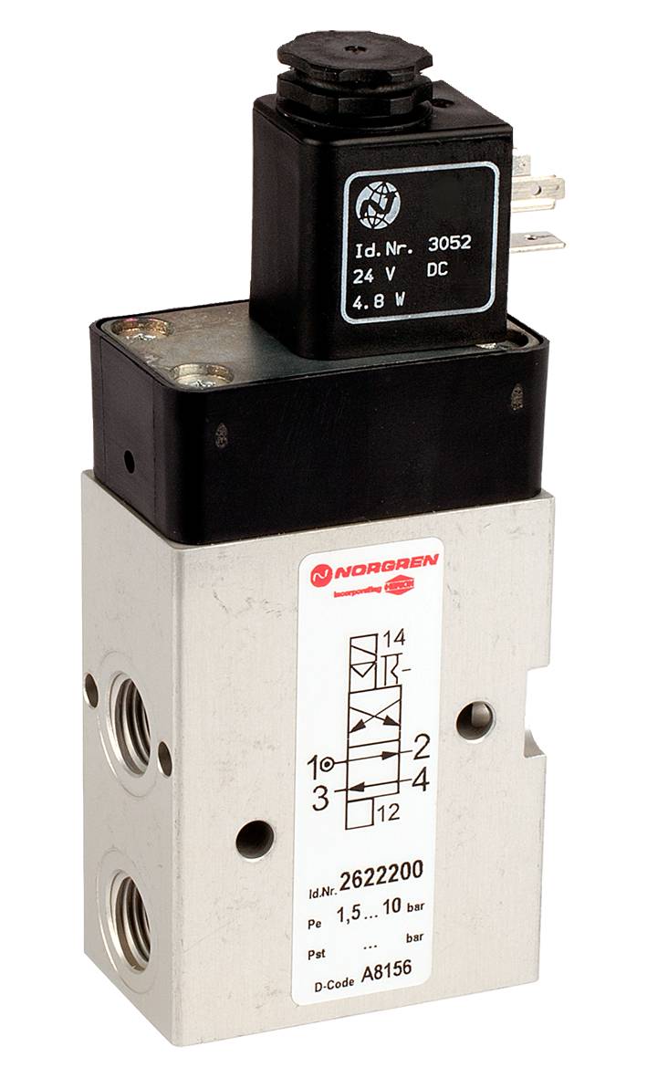 Ein elektrisches Bauteil mit aufgedrucktem Schaltplan und technischen Spezifikationen, identifiziert als Ventil unter der Marke Norgren.