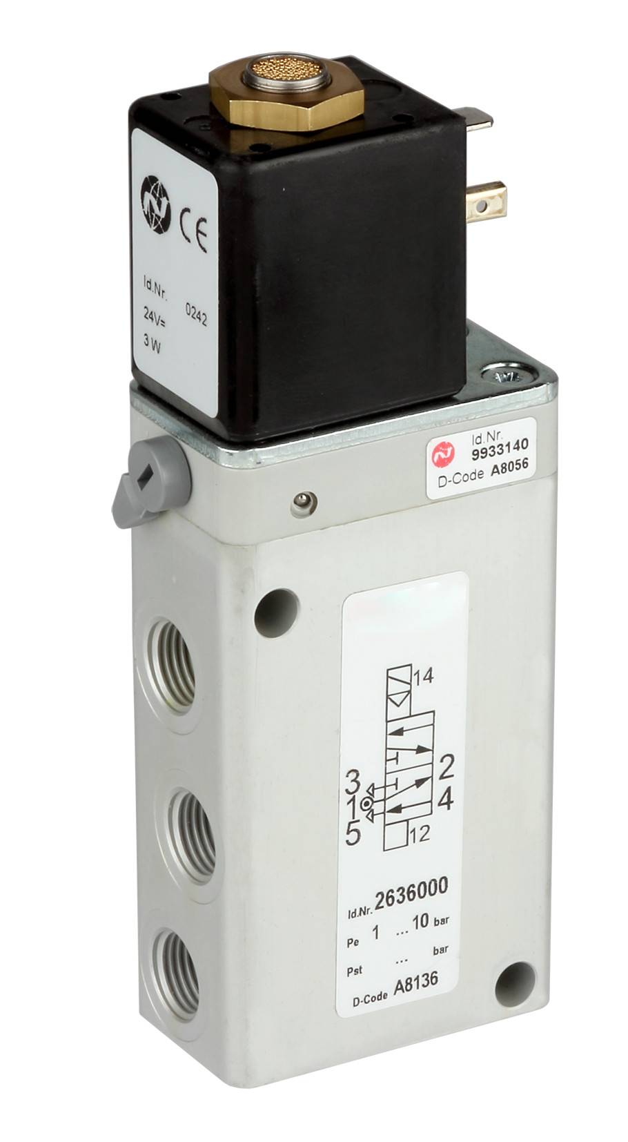 Elektromagnetventil mit metallischem Gehäuse und CE-Kennzeichnung, ausgestattet mit Anschlussstiften und technischer Informationstabelle.