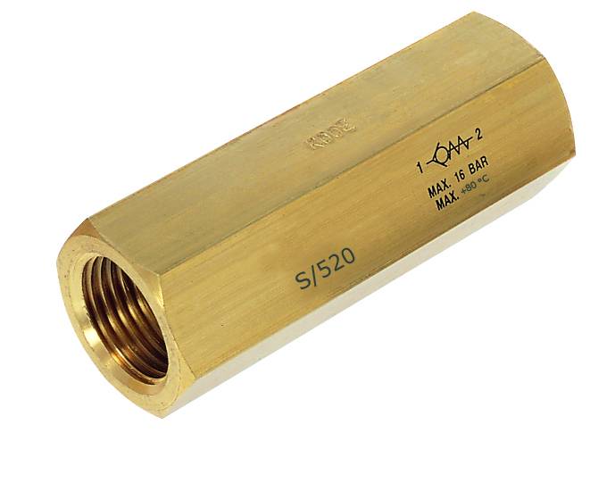 Messing Rückschlagventil mit der Aufschrift 'MAX 16 BAR', geeignet für Drucksysteme. Sechskantform, beidseitig Innengewinde.