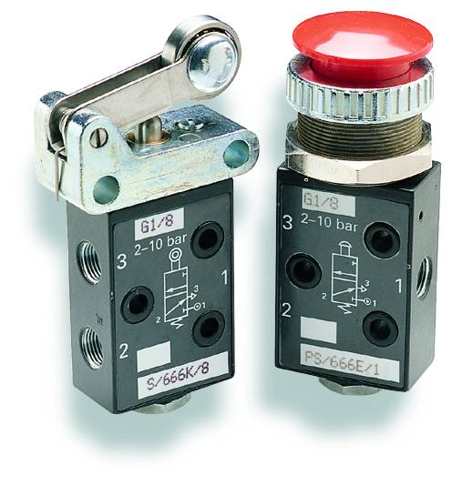 Zwei pneumatische Druckventile: links mit Hebel zur Steuerung, rechts mit rotem Knopf. Beschriftet für 2-10 bar.
