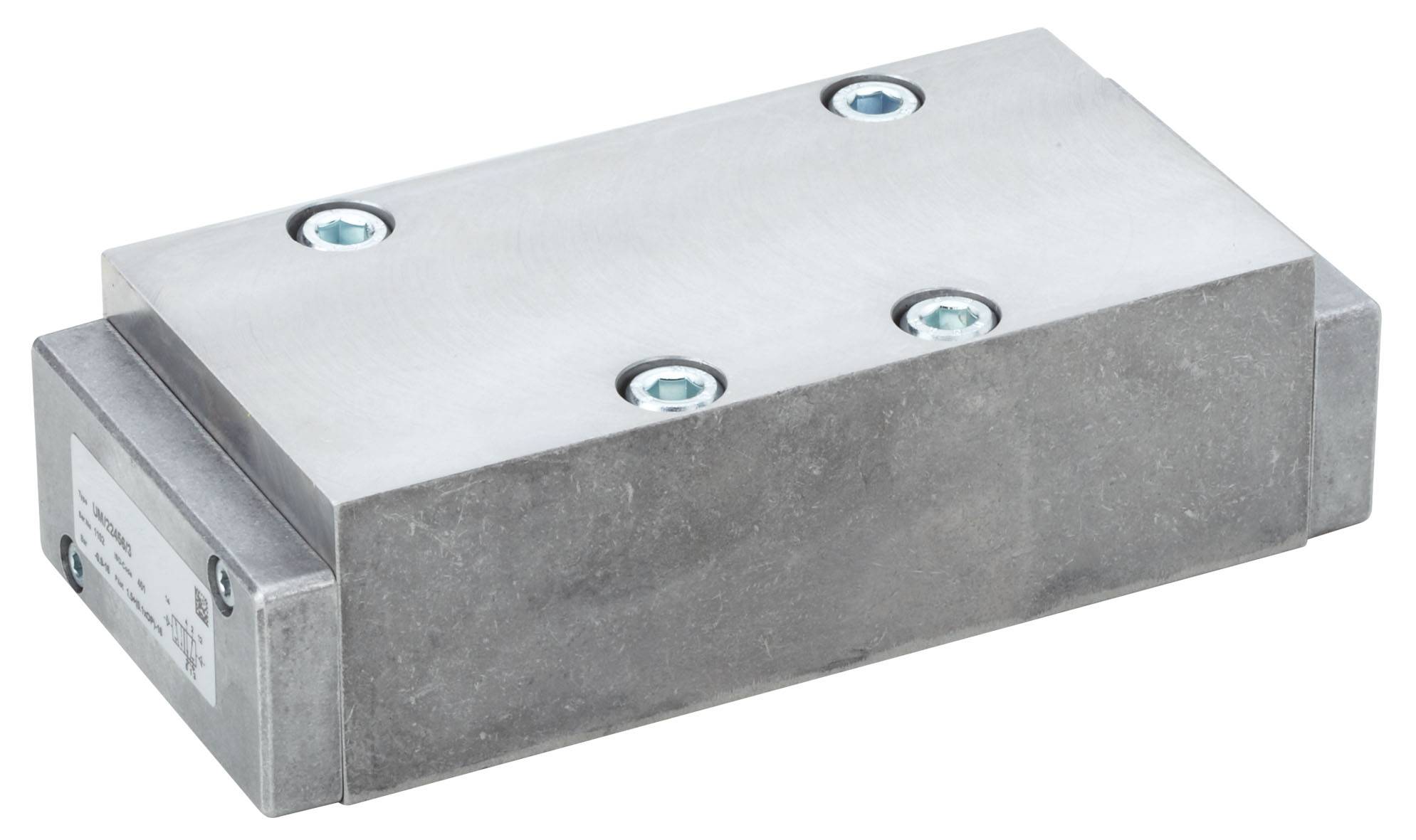 Ein rechteckiger Metallblock mit vier Schrauben an den Ecken. Es ist ein gerades, einfaches Maschinenteil in Silbergrau.