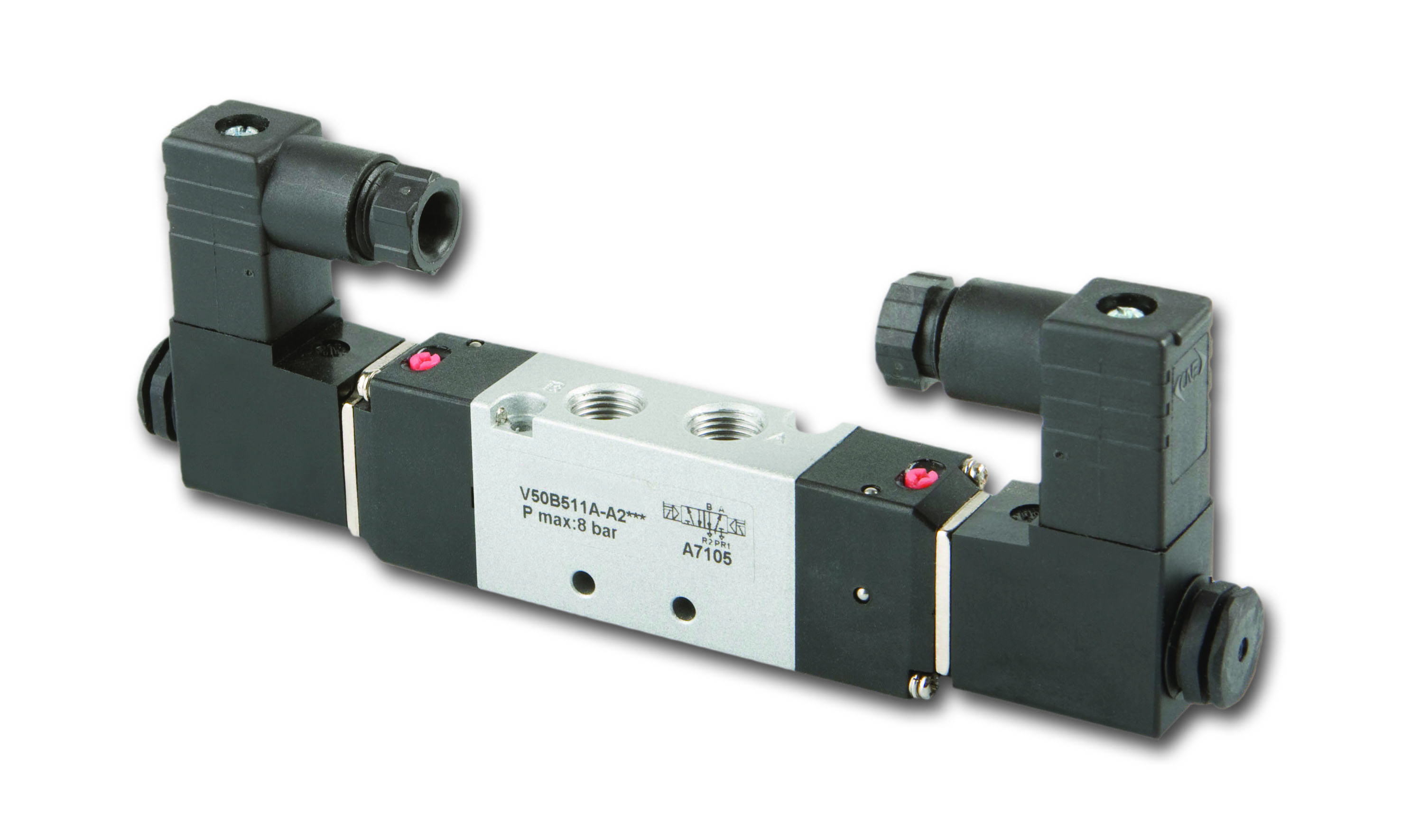 Elektromagnetisches Ventil mit zwei schwarzen Spulen an den Enden und silbernem Mittelstück. Markiert mit 'VSD08S11-A' und 'P max 8 Bar'.