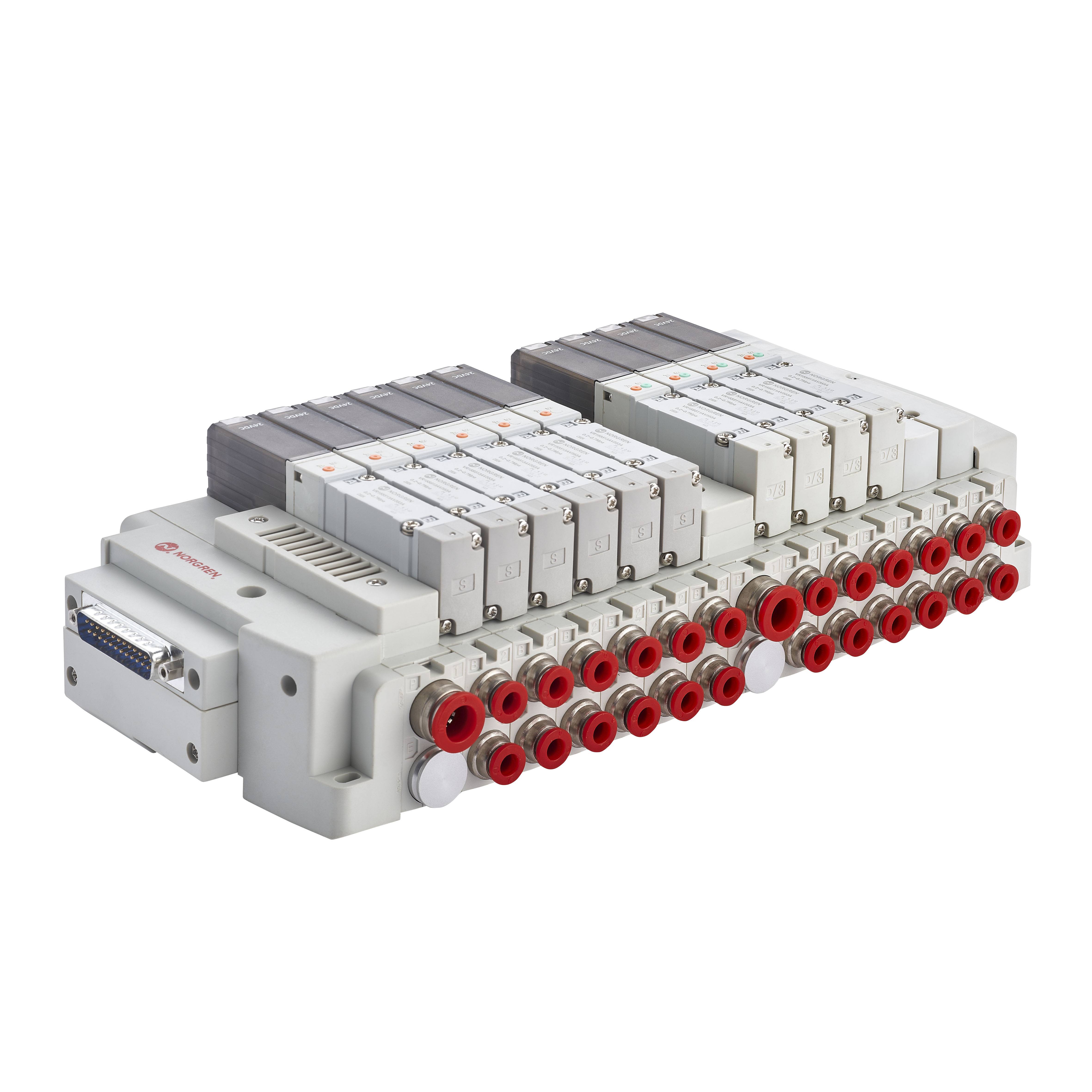 Elektrisches Ventilmodul mit mehreren Ventilen und roten Kontrollknöpfen. Dient zur Steuerung pneumatischer Systeme in industriellen Anwendungen.