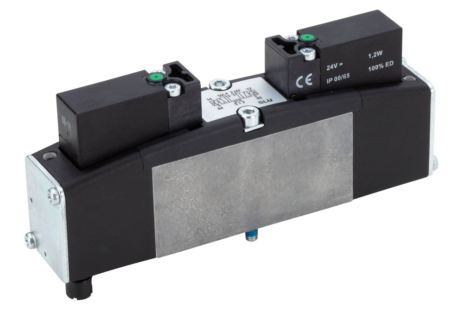 Ein hydraulisches Ventil mit zwei schwarzen Magnetspulen, das zur Steuerung von Flüssigkeitsbewegungen in technischen Anwendungen verwendet wird.