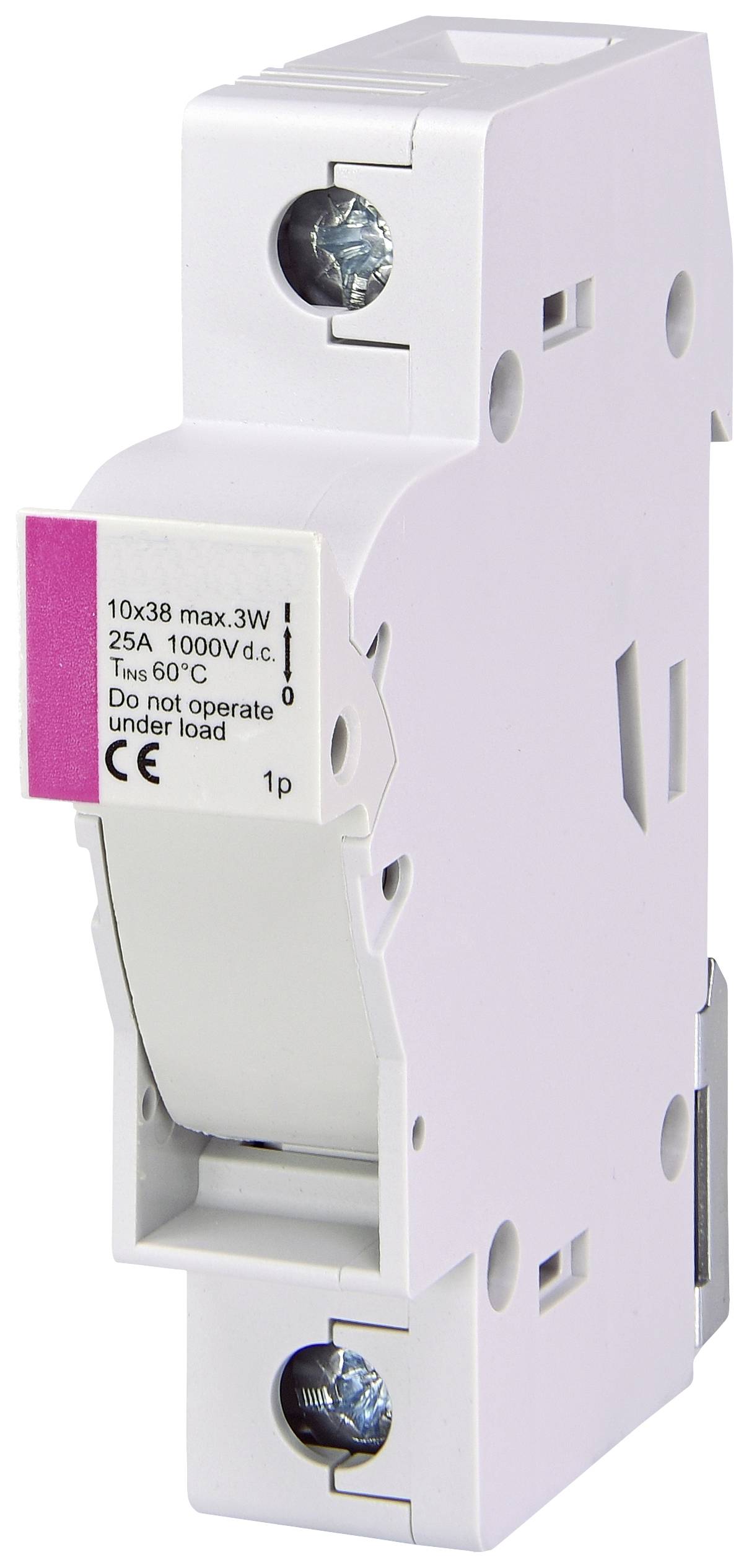 Ein weißer Sicherungshalter mit lila Etikett, geeignet für Sicherungen bis 25A, 1000V DC, 60°C. Warnhinweis: 