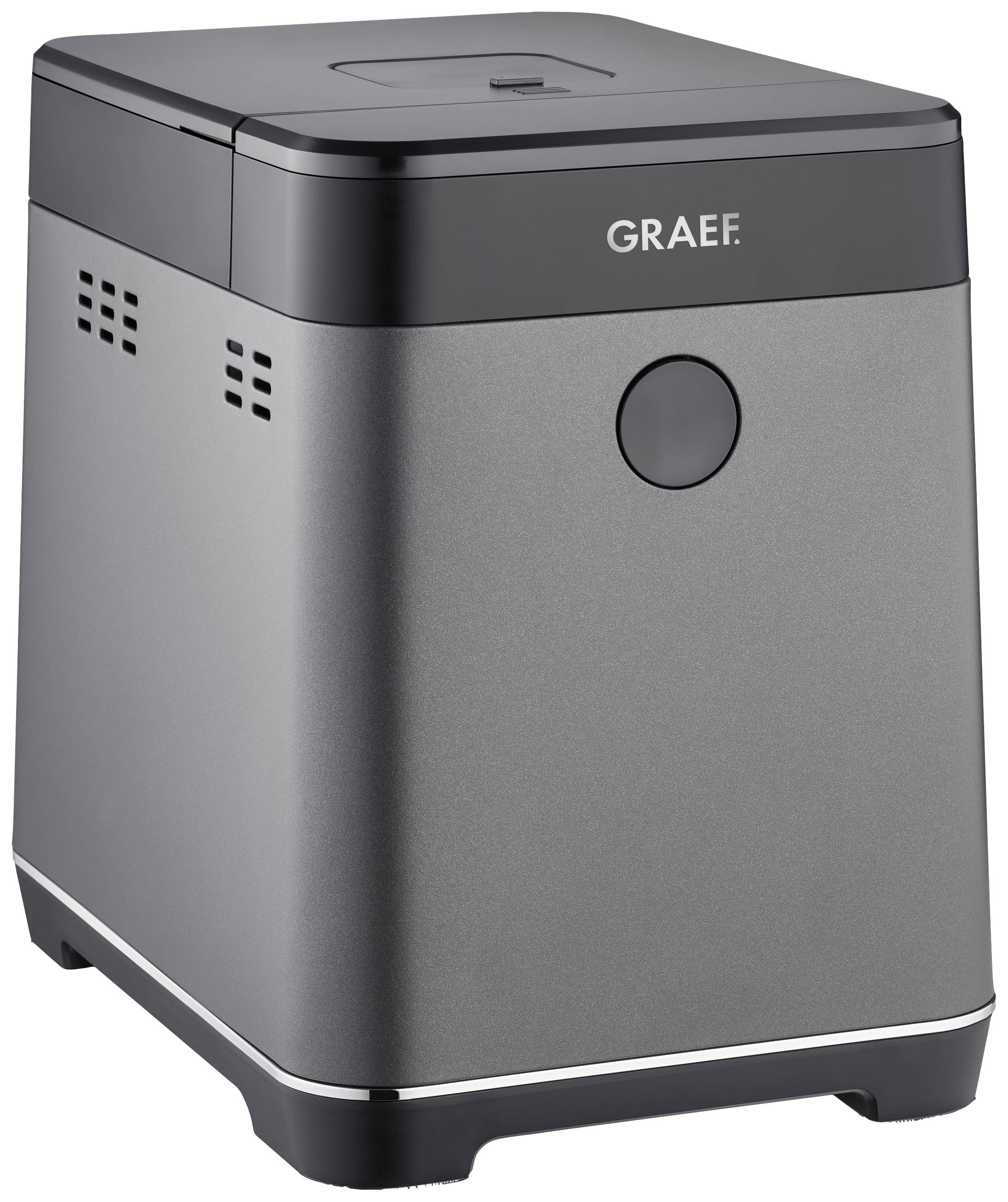 Grauer, quaderförmiger Eiswürfelbereiter mit schwarzem Deckel, Belüftungsschlitzen und zentraler Taste. Markiert mit 'Graef'.